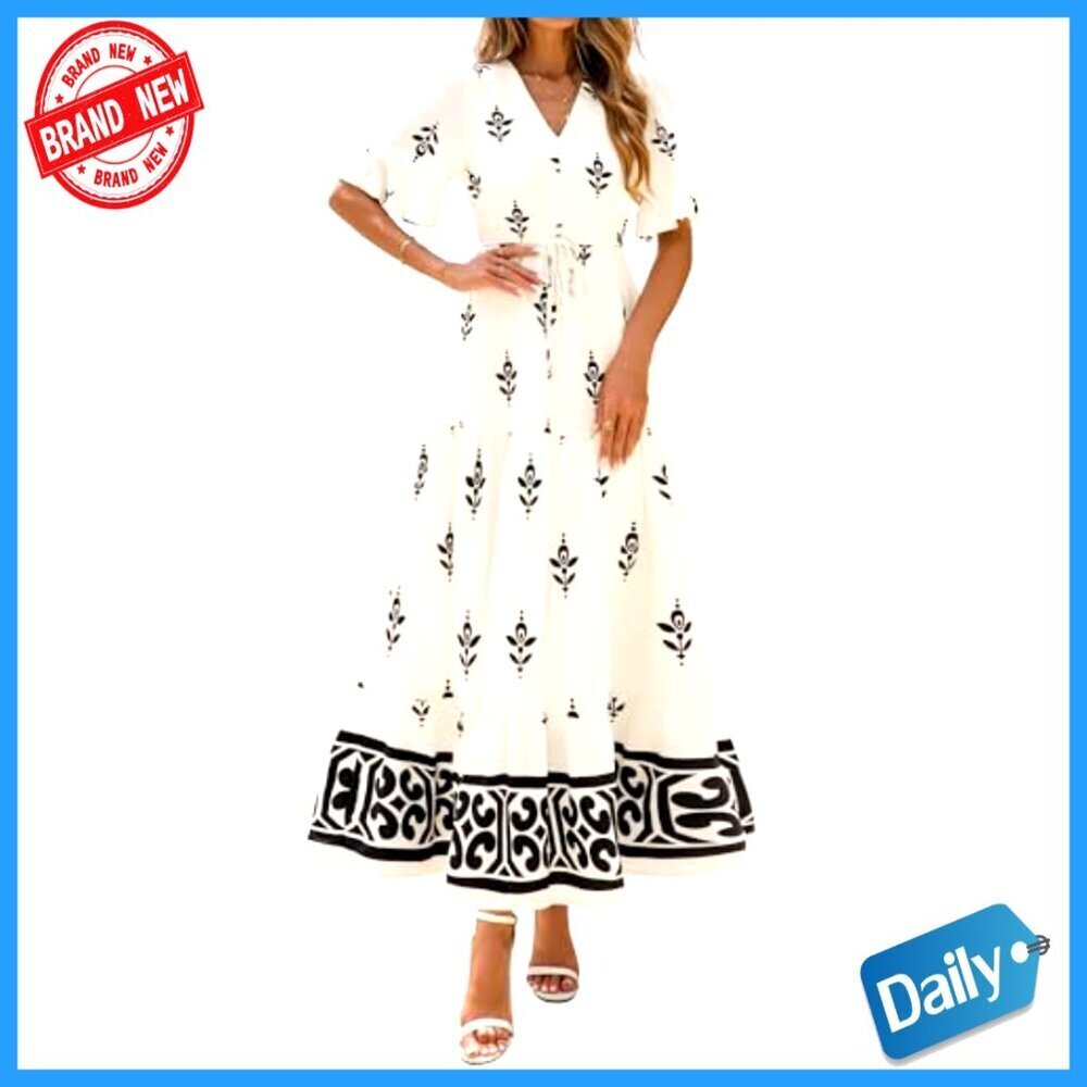 Floral Boho Maxi Dress with Pockets, V-Neck, Short Sleeve, Elastic Waist - Picture 6 of 7